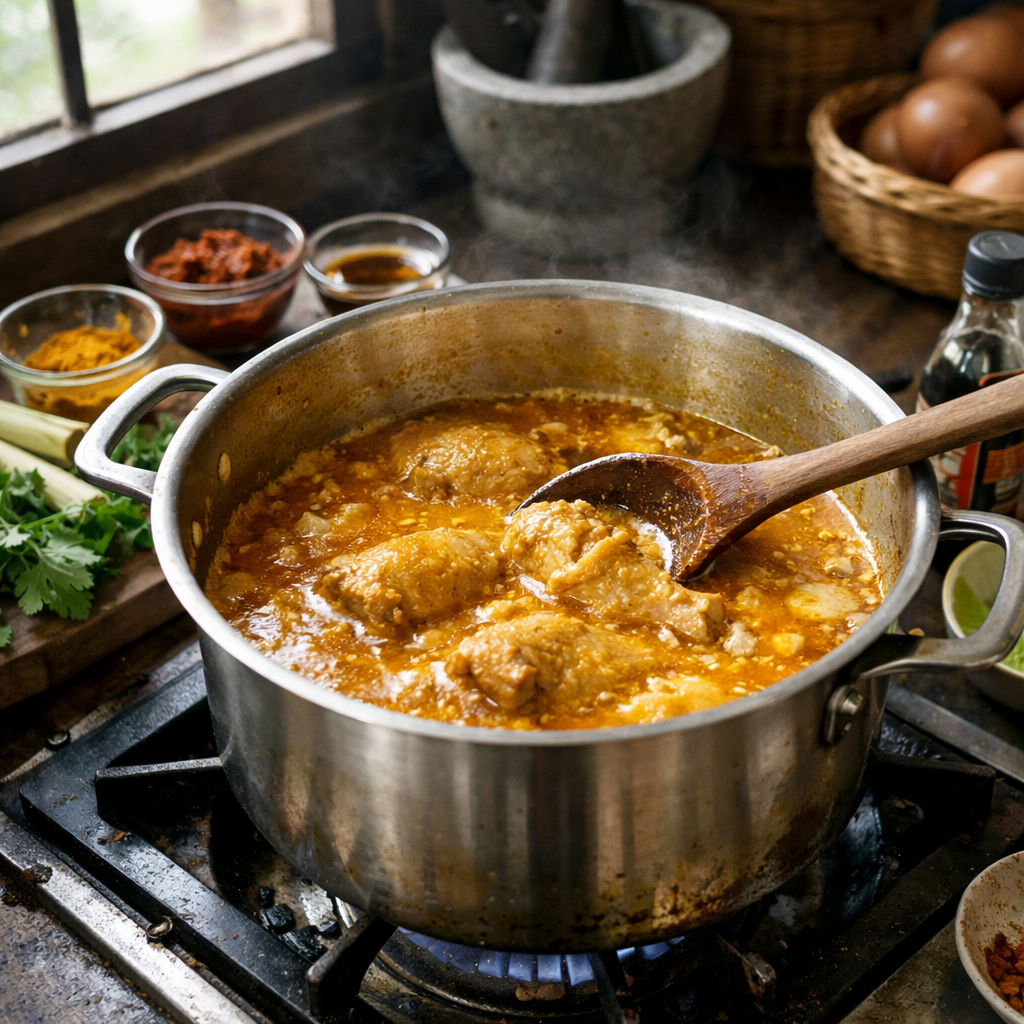 Cooking of Chicken Thai noodle curry (Khao Soi Gai) on a stove