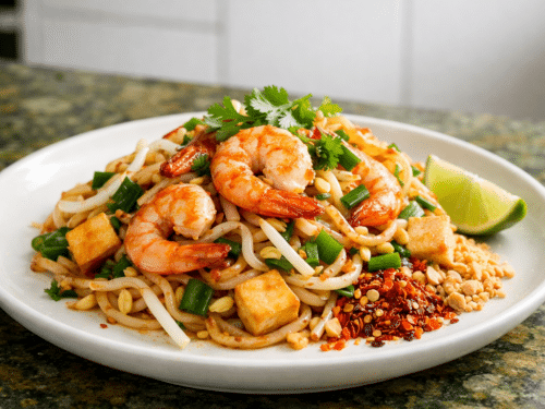 Keto Thai Pad Thai with prawns served on white plate with lime, peanuts and chili flakes