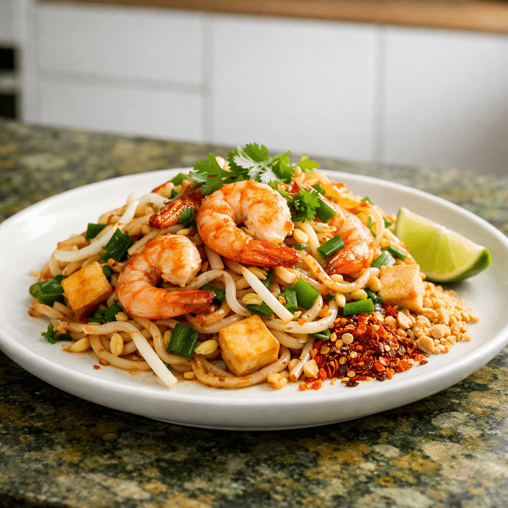Keto Thai Pad Thai with prawns served on white plate with lime, peanuts and chili flakes